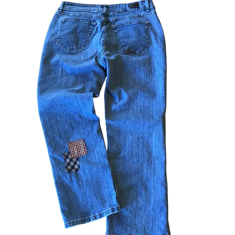 Upcycled Patchwork Jeans, Spring Garden Sunflower Plaid Patches Reworked Sz 16P